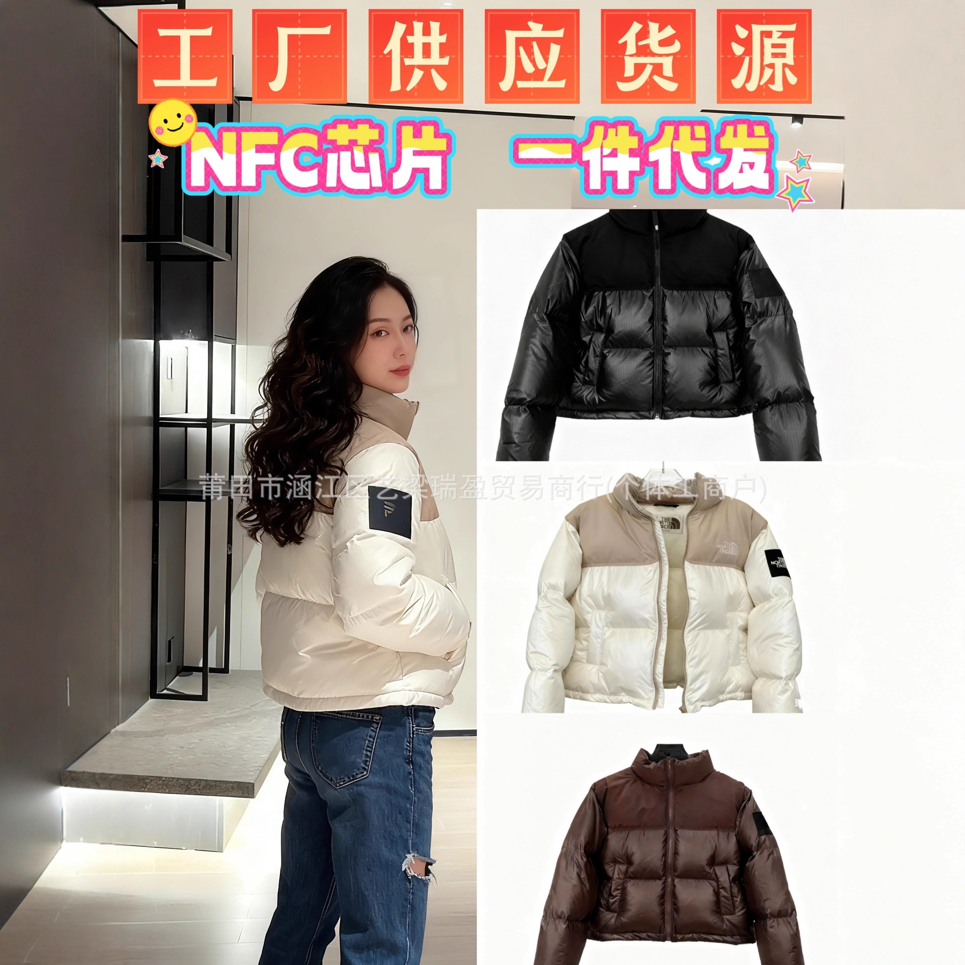 North Face Export 82B Women's Embroidered Korean Style Color-Blocked Stand Collar Fashionable Warm Puffer Jacket Harajuku Short Style