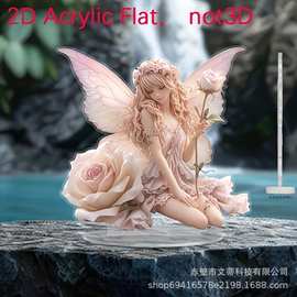 2D亚克力波西米亚水晶花瓶配粉金色玫瑰带底座桌面艺术品平面摆件