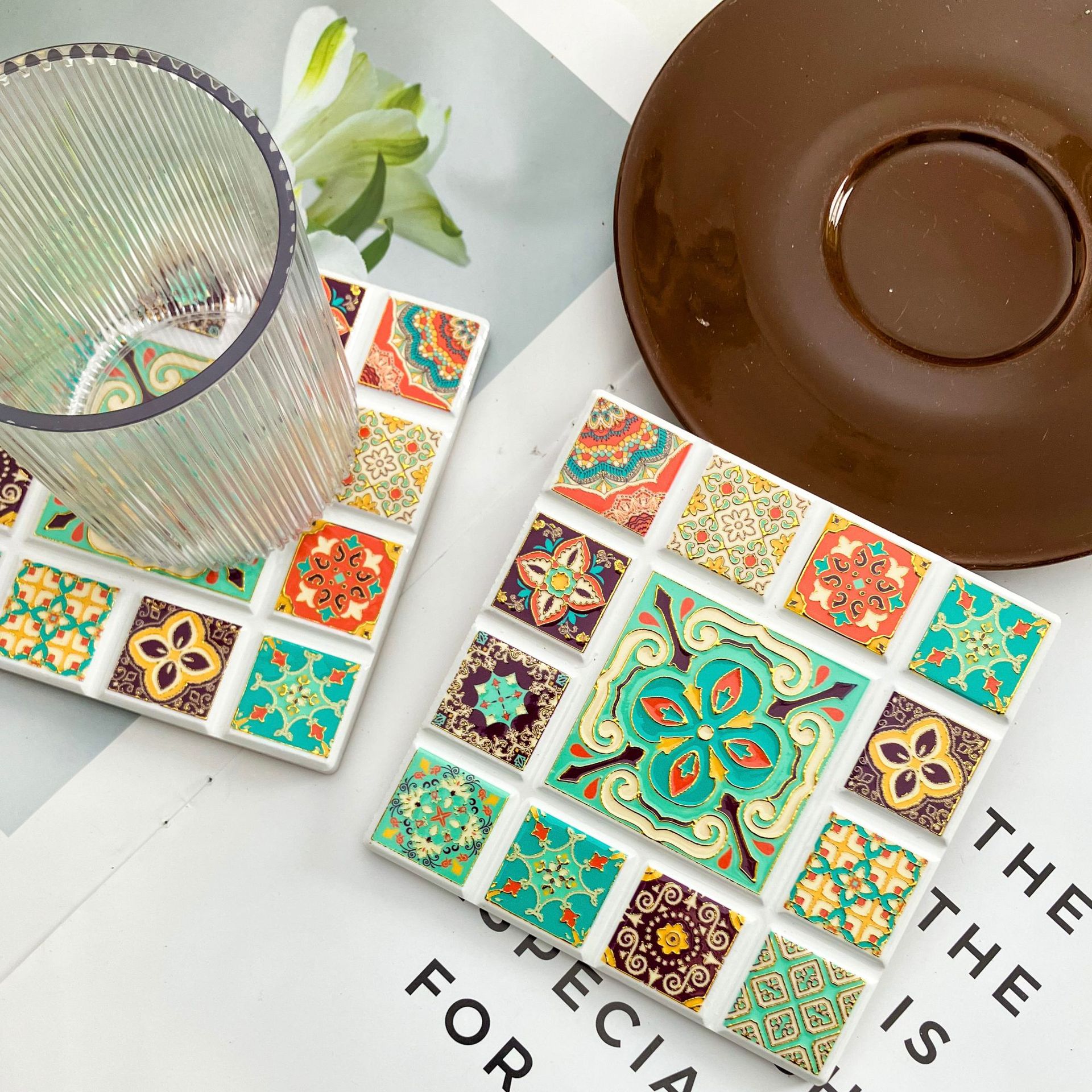 Transfronterizos nueva forma de chocolate cuadrado 3D estampado en relieve estampado taza almohadilla aislante de corcho estilo nacional retro