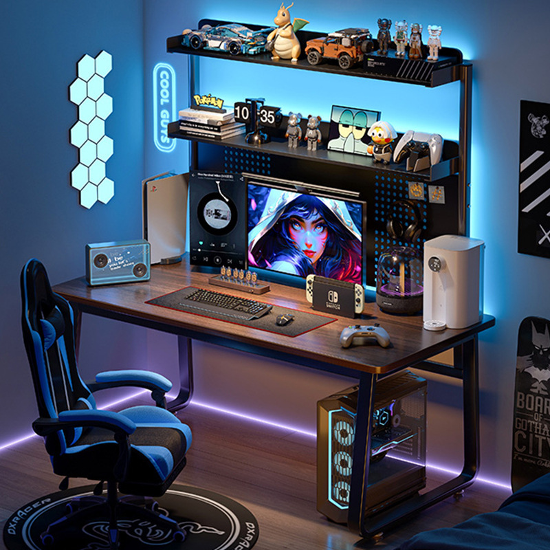 Tablero de agujero Escritorio de computadora Escritorio de mesa de deportes electrónicos de color nogal Dormitorio Escritorio para el hogar Estantería Escritorio integrado Escritorio