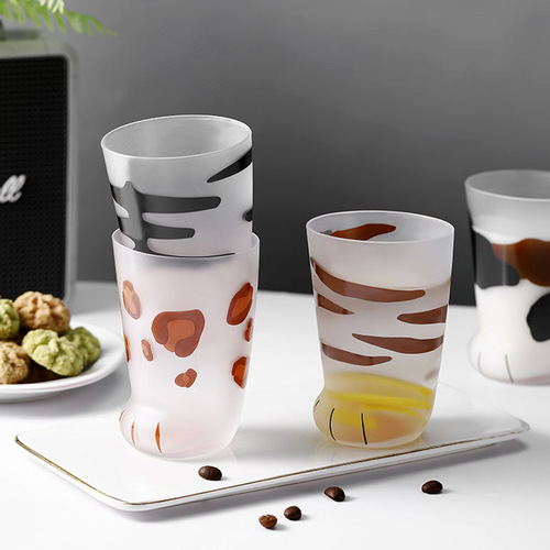 日式印花猫爪杯卡通玻璃杯磨砂猫脚杯耐热水杯个性创意饮品牛奶杯