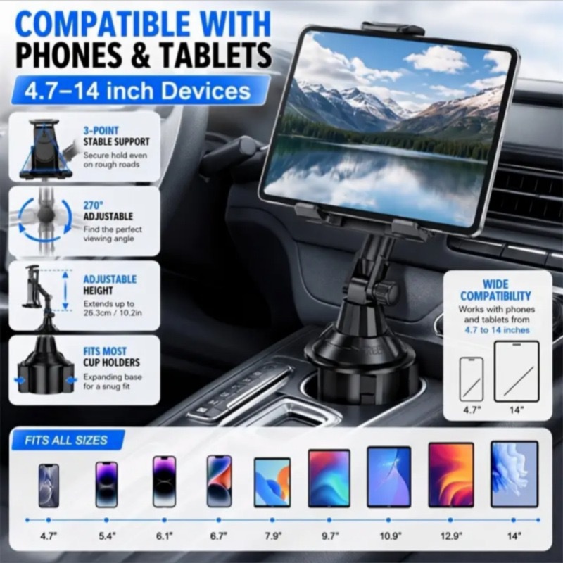Cross-border car-mounted dual-use holder for water cup and phone/tablet with long adjustable joints and rotatable navigation support
