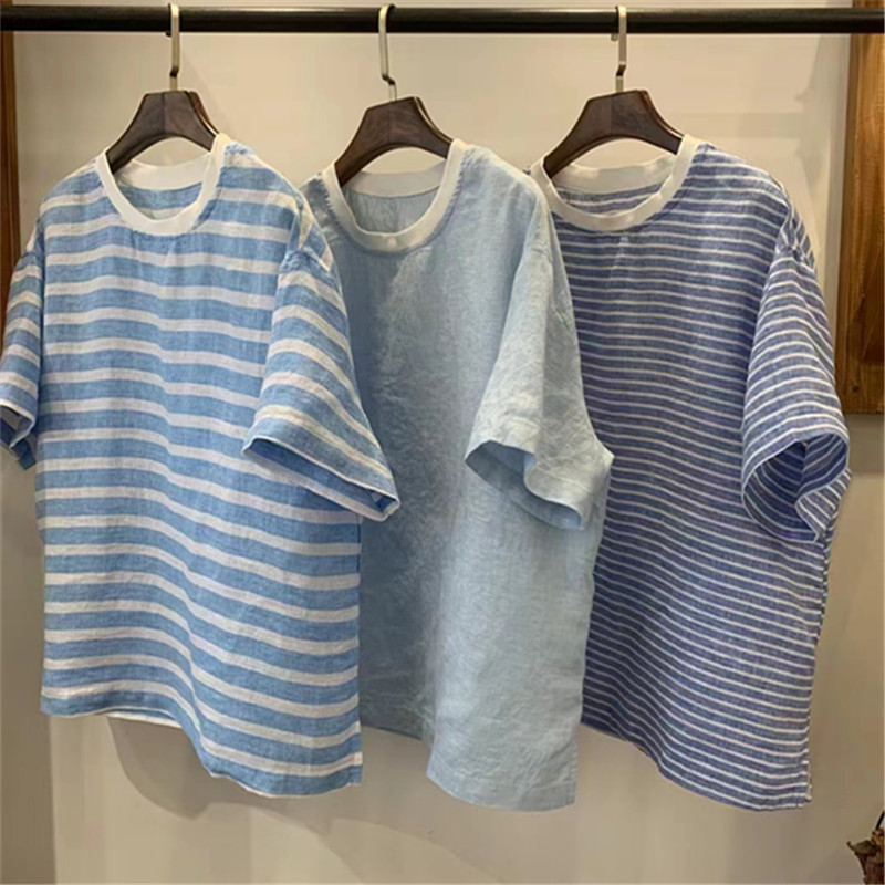 Japanese Striped Linen T-shirt Women's Summer New Loose Casual All-match Age-reducing Artistic Fresh Round Neck Top