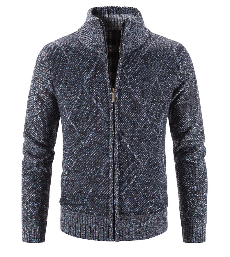 Cárdigan de punto para hombre para otoño e invierno, suéter para hombres de mediana edad y mayores, cuello alto informal, suéter jacquard de manga larga para hombre.