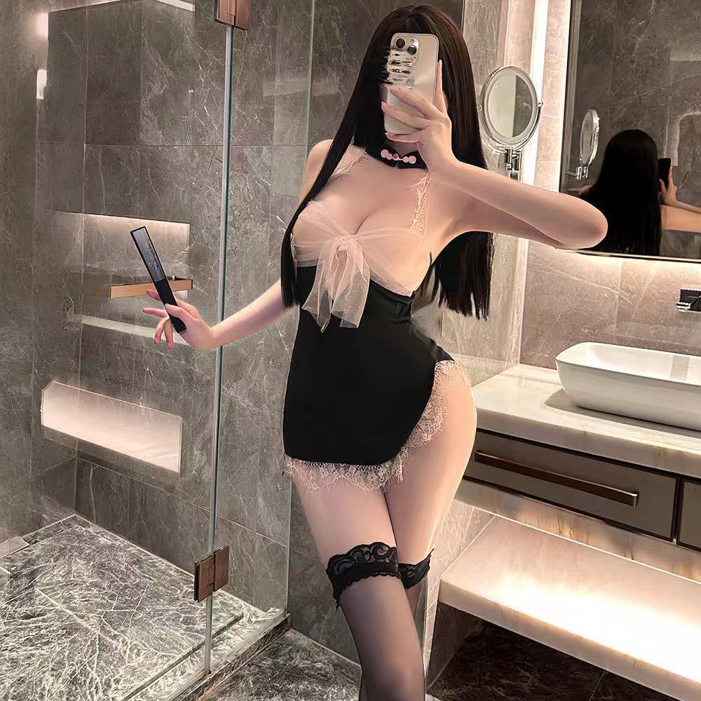 Sexy Cheongsam Uniform Lingerie Set, Halter Neck See-Through Mesh Mini Dress with Backless Design — detail image 1