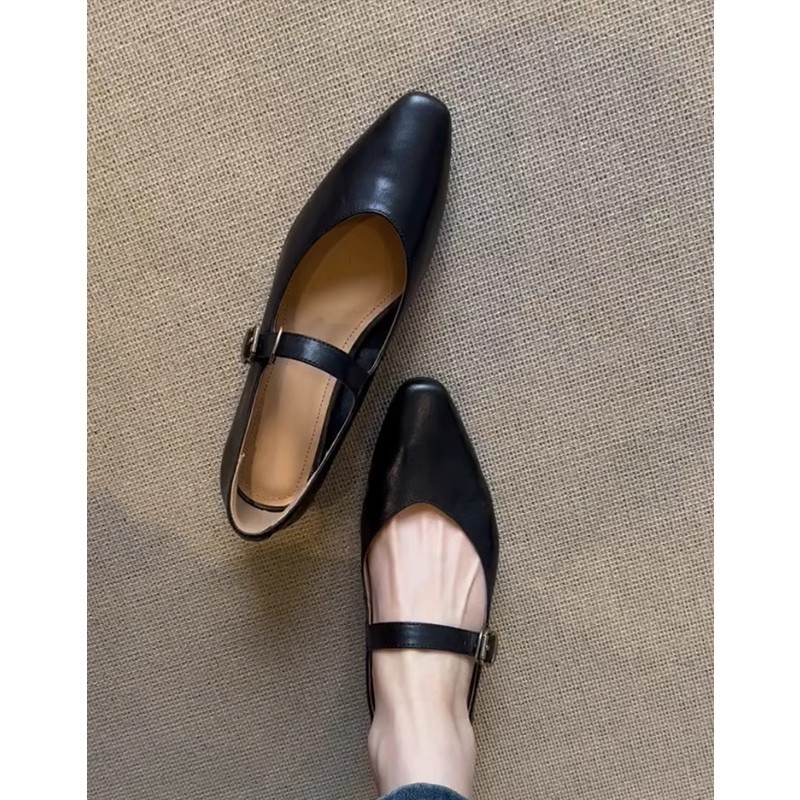 정품 가죽 플랫 프렌치 스타일 레트로 레드 메리제인 슈즈 여성용 새 모델 얕은 굽 가죽 슈즈