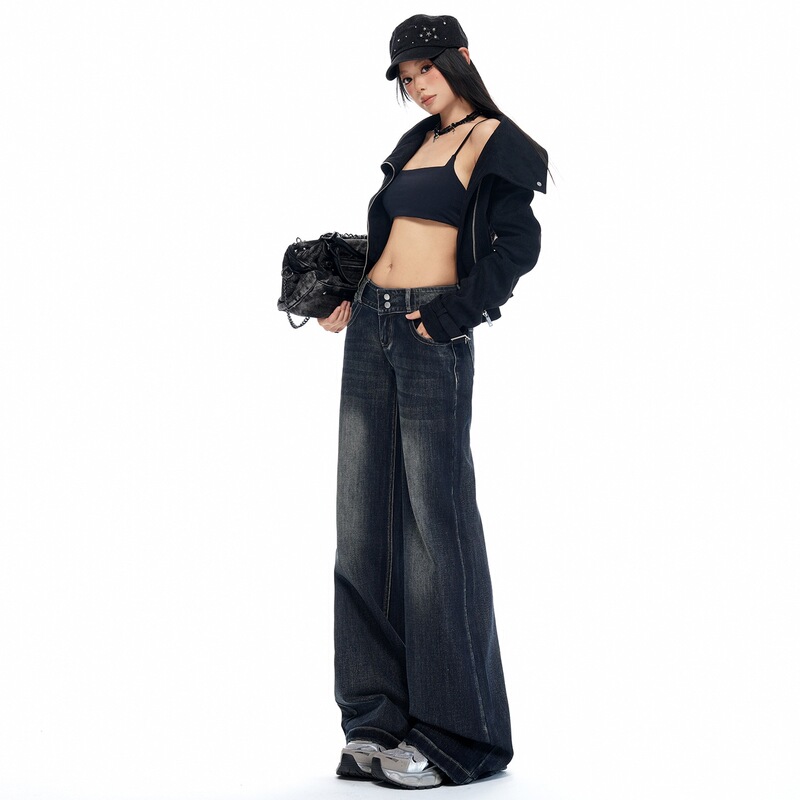 American-style low-waist, double-button, non-tight-fitting, slightly flared jeans for women, 2026 autumn new collection, elastic, hip-covering, slimming, floor-length pants