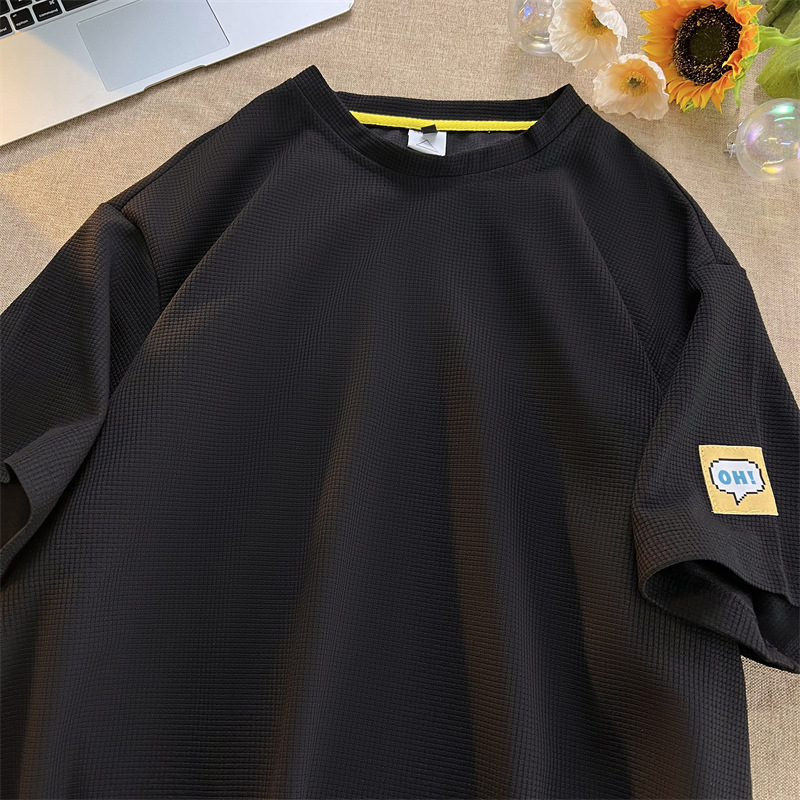 Waffle pesada manga corta verano de los hombres suelta cuello redondo Camiseta marca de moda etiquetado simple moda media manga pareja camiseta