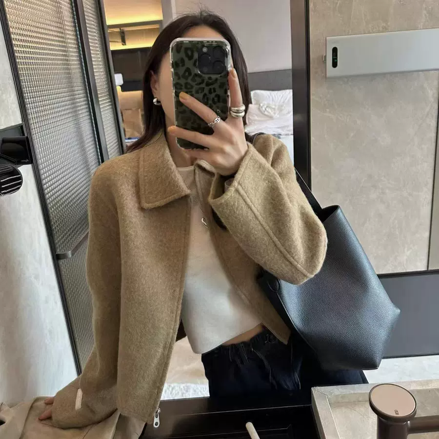 生C2025冬季新韩国东大门气质翻领拉链浅棕色100羊毛短款大衣外套