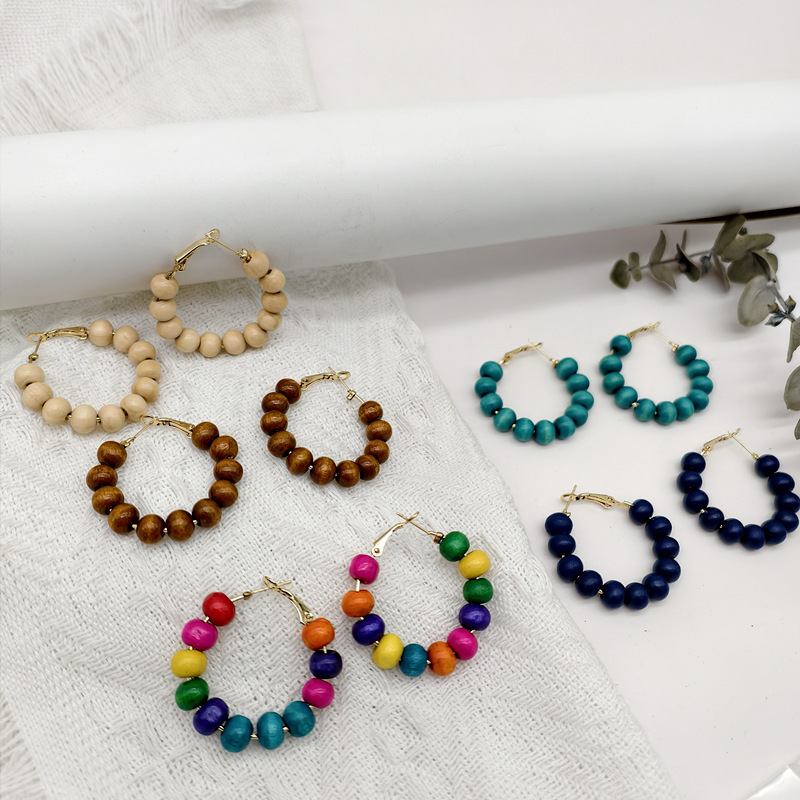 European and American Cross-Border Wooden Bead Earrings, Environmentally Friendly Geometric Seaside Style Beaded Wood Color Earrings, Colorfulful Wooden Tassel Earrings