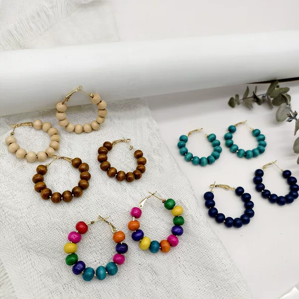 European and American Cross-Border Wooden Bead Earrings, Environmentally Friendly Geometric Seaside Style Beaded Wood Color Earrings, Colorfulful Wooden Tassel Earrings