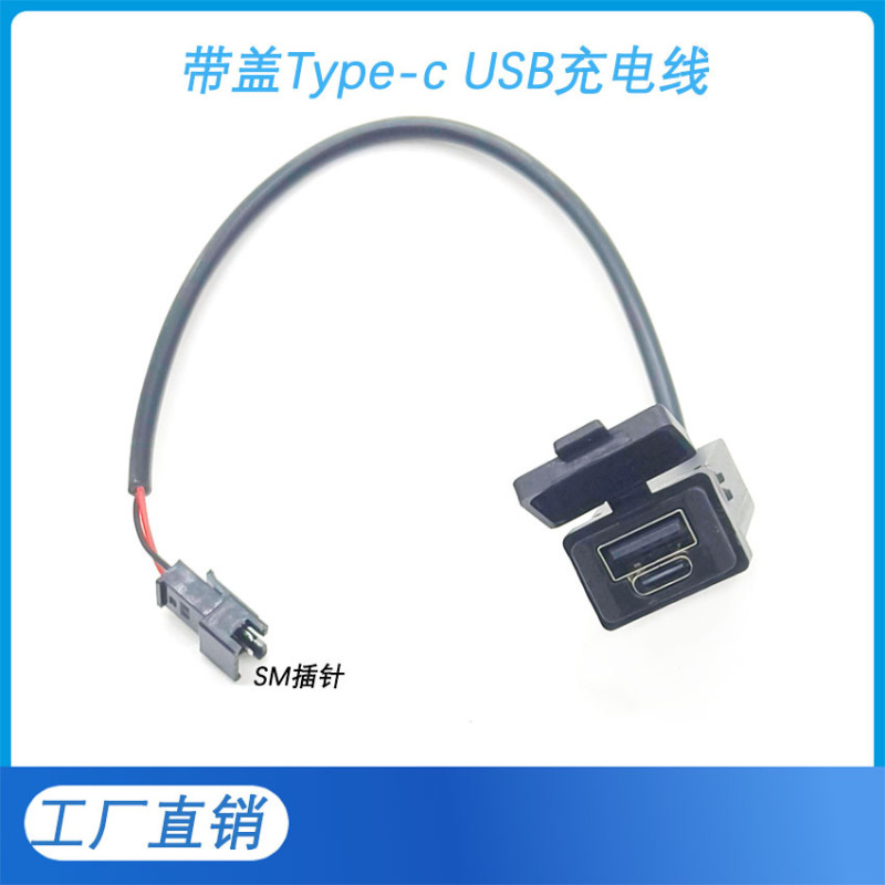 Type-C USB Charging Cable with Cover, Embedded Dual-Port Female Extension Cable for Electric Vehicle Dashboard, Sm Plug Pin Type-C USB Charging Cable with Cover, Embedded Dual-Port Female Extension Cable for Electric Vehicle Dashboard, Sm Plug Pin