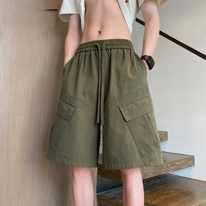 2025 순면 여름 플러스 사이즈 남성 멀티 포켓 오버올 스트레이트 반바지 캐주얼 스포츠 5부 바지 드로스트링 트렌디