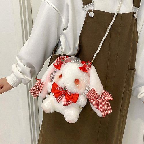 Japanese Lolita cute Lolita shoulder plush bag lace bow strawberry rabbit doll small shoulder bag