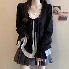300斤大码假两件长袖衬衫女薄款胖mm慵懒风休闲日系森女系带上衣2