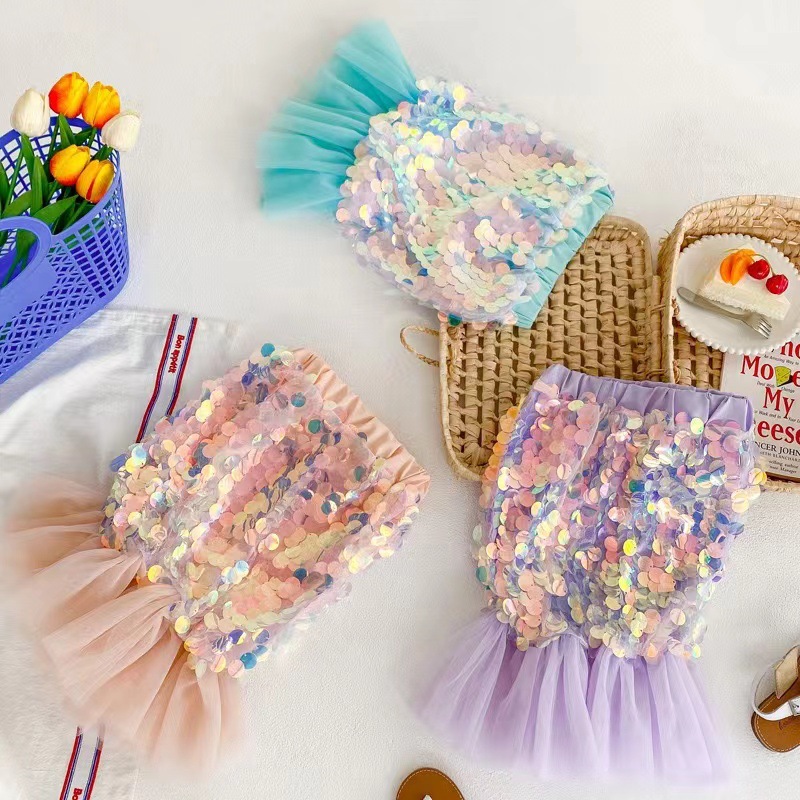 Girls Skirt 2024 Spring and Summer New Mermaid Mesh Sequin Fishtail Skirt Mermaid Baby Princess Skirt