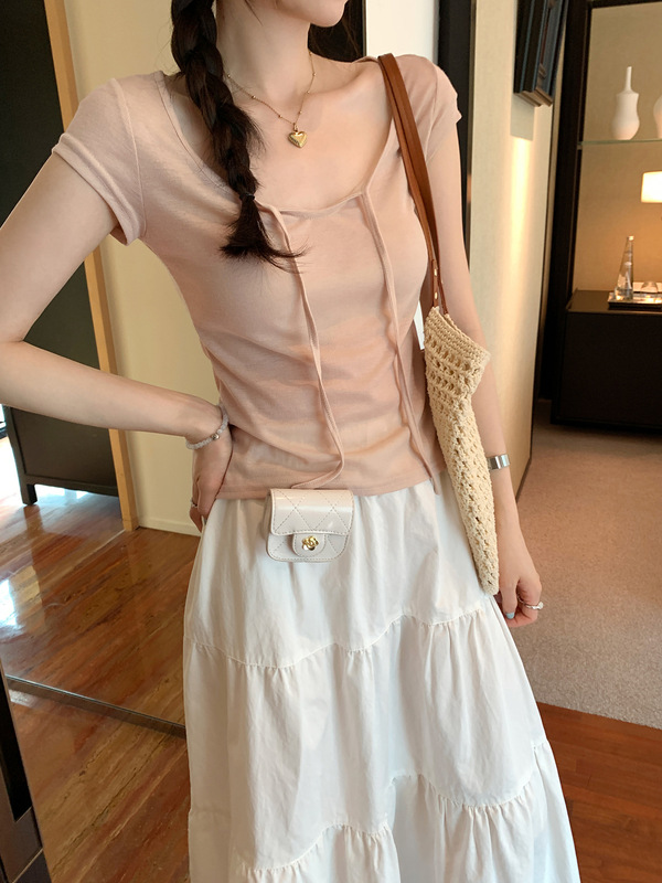 Sweet Hot Girl レースアップ U ネック右肩半袖 T シャツ女性用 2025 夏薄いわずかに透けるスリムフィットトップ|undefined