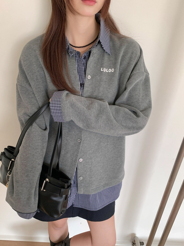 GAGD 松弛感格子拼接衬衫假两件开衫卫衣女 25秋季miu系上衣外套|undefined