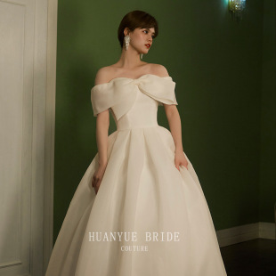 Satin Light Wedding Dress Simple Sweet Bow Off-shoulder Art Test Slim-fit Host Banquet Evening Dress Women