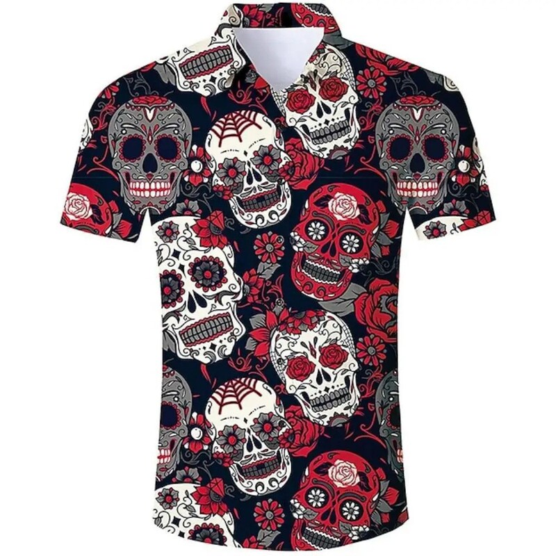 Summer Hawaiian Skull Shirt Men's 3D Printed Beach Short Sleeve Button Casual Men's Skull Shirt
