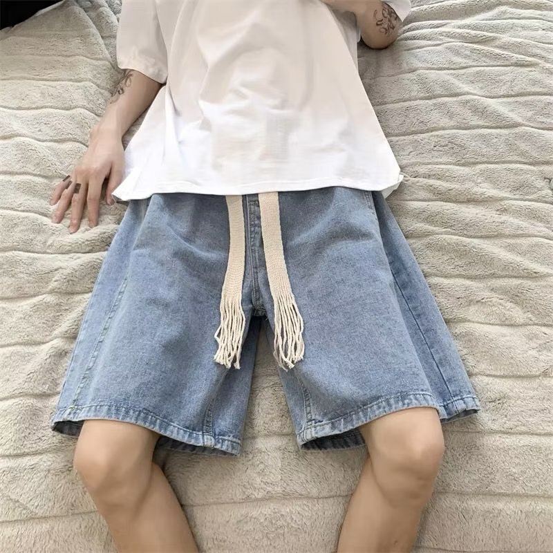 Men's Summer Vintage Loose-Fitting Thin Denim Shorts with Elastic Waistband, Affordable Straight-Leg American-Style Knee-Length Shorts Men's Summer Vintage Loose-Fitting Thin Denim Shorts with Elastic Waistband, Affordable Straight-Leg American-Style Knee-Length Shorts