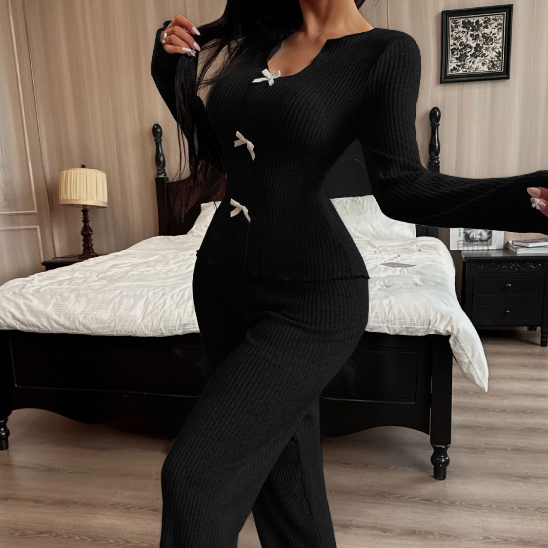 Women's Bow Knit Pajamas - V-Neck Long Sleeve Top & Pants Set, Fashionable Home Wear_voghion.com