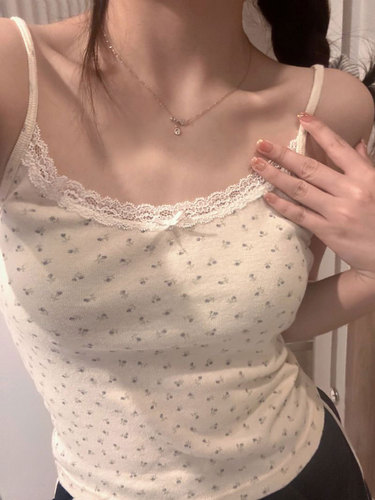 Floral lace small suspender BM vest for women summer French hottie short sweet and spicy white top for inner wear and outer wear