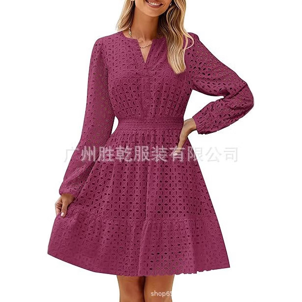 2025 European and American Foreign Trade Cross-border Women's Clothing Amazon Explosions V-neck Hollow Eyelet Embroidery Cotton Long Sleeve dress