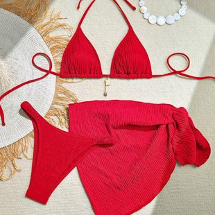 European and American Cross-Border Split Swimsuit, Feminine Three-Piece Set, New Halterneck Bikini Swimsuit, Solid Color, Aliexpress Hot Sale