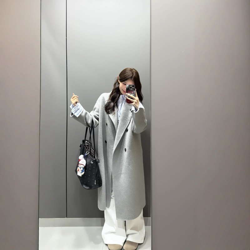 Autumn and Winter New Style Gray Long High-End Loose-Fitting Korean-Style Slimming Cashmere Double-Sided Woolen Coat for Women