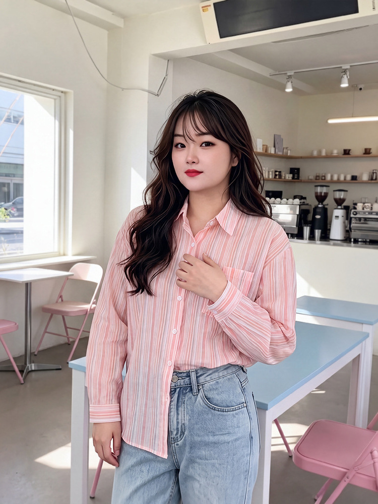 65-160kg Plus Size Women's Casual Shirt 2026 Spring and Autumn New Style for Chubby Girls Striped Sun-Protective Long-Sleeve Top