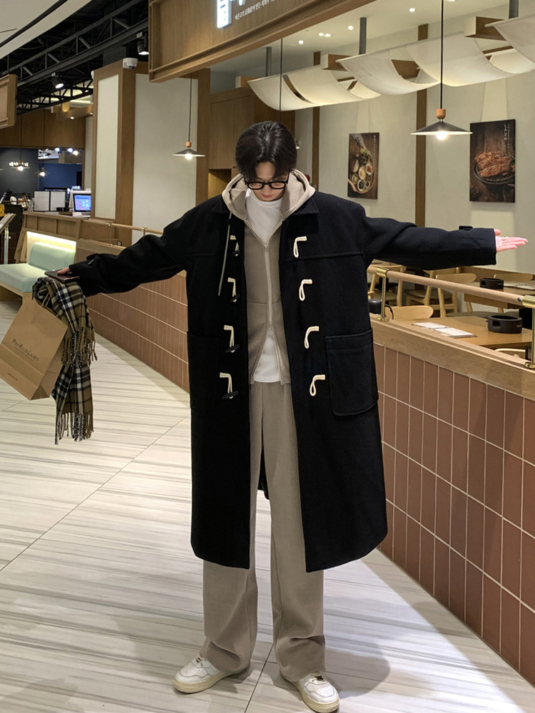 ASCLO&QIAO nueva chaqueta de invierno estilo coreano para hombre, abrigo de lana de longitud media, holgado y de alta gama, con botones de cuerno