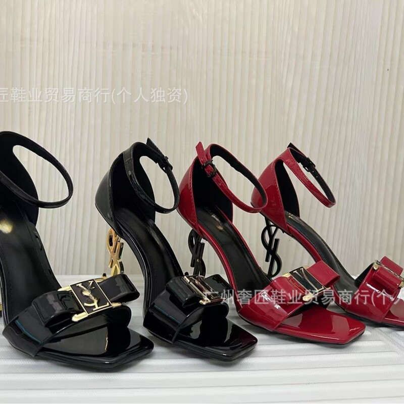 2025YS Forest Same Style Black Patent Leather Sexy One-word High Heel Sandals with Metallic Letters Female Celebrity Style