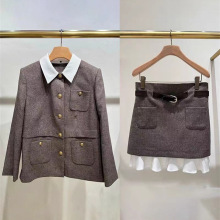 法式优雅2025秋冬新款时尚金属扣千鸟格撞色领外套A字半裙优雅套