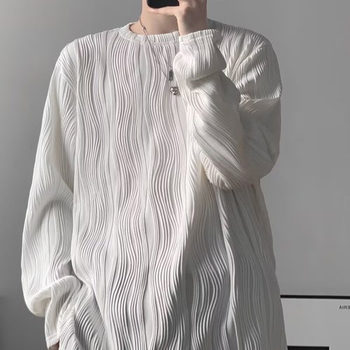 Men's Loose Pleated Texture Long Sleeve T-Shirt with Round Neck - Autumn Style, Korean Version, Casual and Trendy