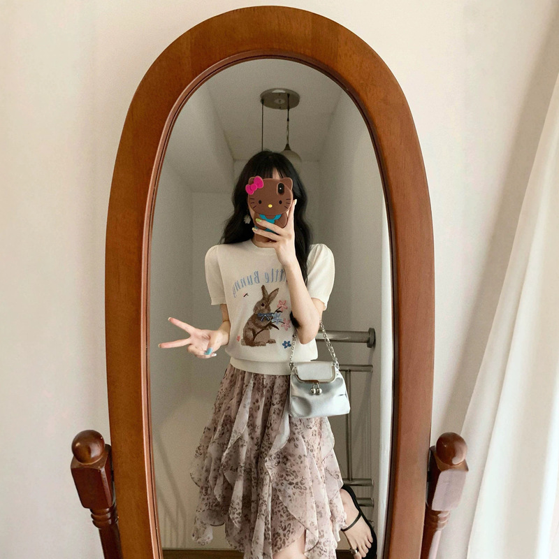 New Product 2026 Summer Versatile New Cute Bunny Jacquard Embroidered Puff Sleeve T-Shirt Right Shoulder Knit Top for Women New Product 2026 Summer Versatile New Cute Bunny Jacquard Embroidered Puff Sleeve T-Shirt Right Shoulder Knit Top for Women