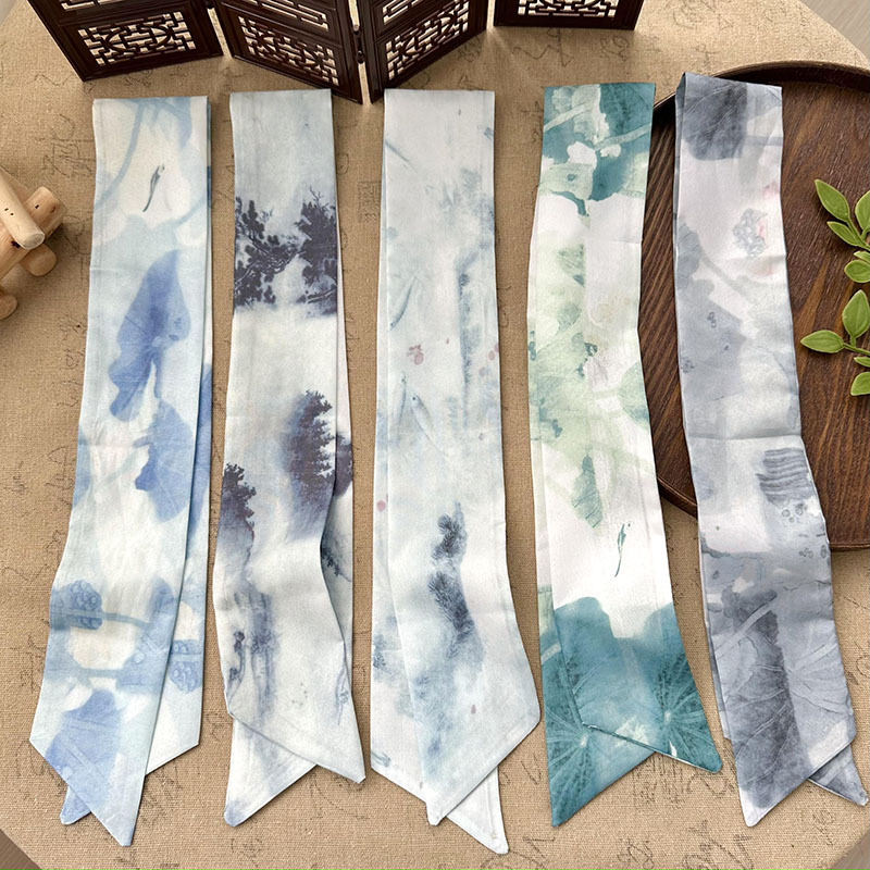 Bufandas de seda largas mujeres dibujo de hoja de bambú estilo antiguo chino nuevo cinturón de cabello adornamiento de cabello pintura de tinta de estilo chino correa bufandas cinturón