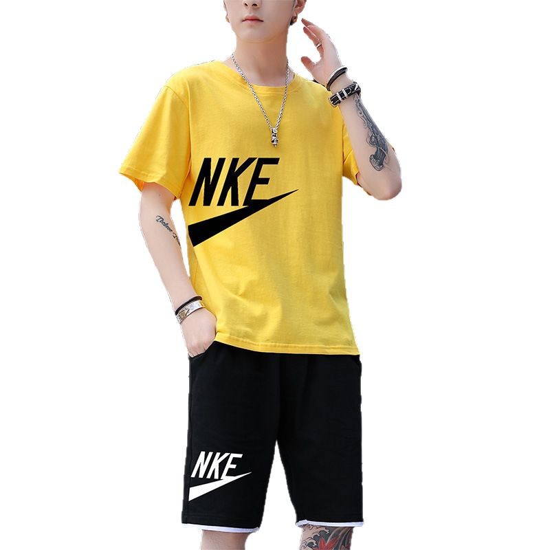 Camiseta de manga corta para hombre, conjunto deportivo de verano 2025, elegante, informal, de seda helada, a la moda, para exportación