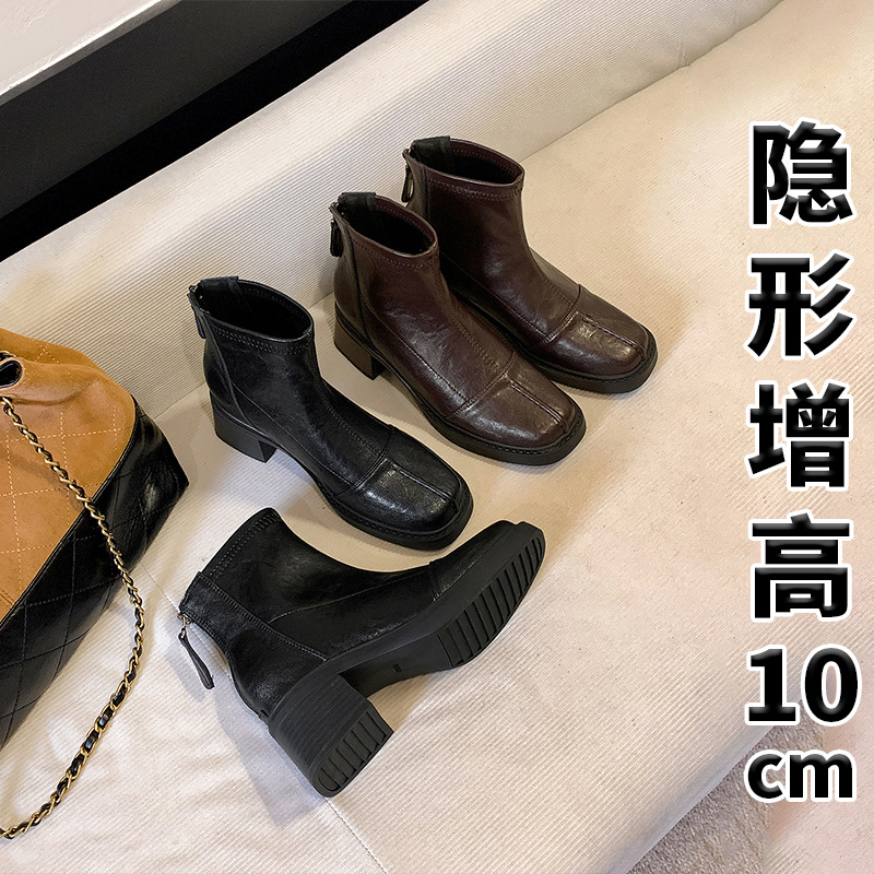 In-Stock Chunky Heel French Short Boots 2025 Autumn and Winter Fleece-Lined Ultra-High Heel Martin Boots Retro Elastic Slim Chelsea Boots