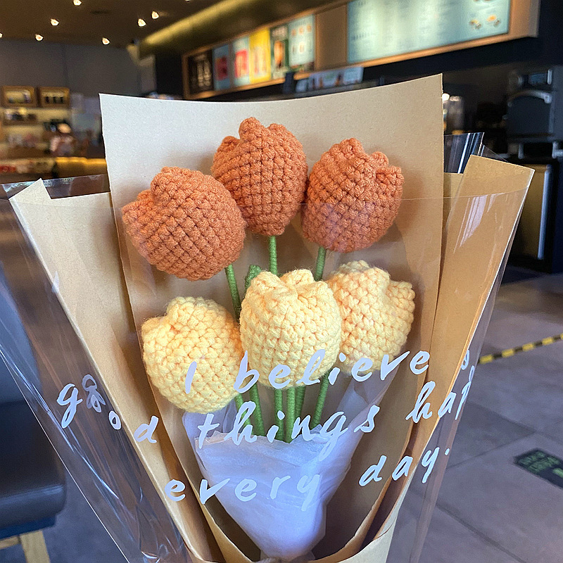 完成した手織りバラ、スズラン、ヒマワリ、造花、ウールニットブーケ、花飾り、ギフト|undefined