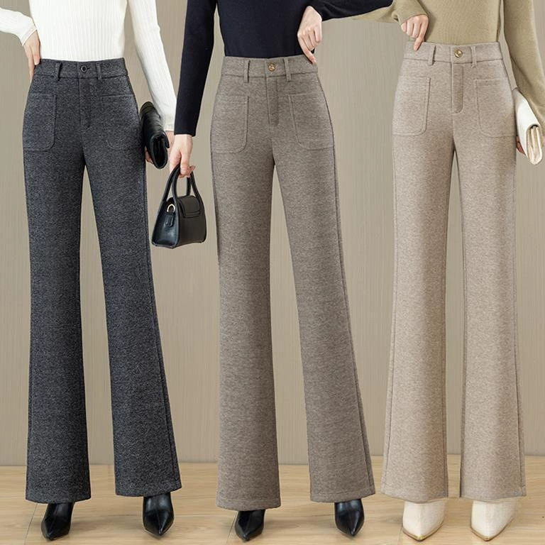 Волосатые микро-рама брюки женская весна осень зима 2024 новая шерсть с высокой талией тонкая и прямая расклешенные брюки повседневная дикая