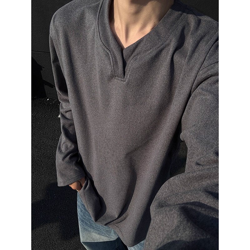 Men's Thermal Fleece Long-Sleeve V-Neck T-Shirt for Autumn and Winter, Can Be Worn as Outerwear, American-Style Trendy Sweatshirt Men's Thermal Fleece Long-Sleeve V-Neck T-Shirt for Autumn and Winter, Can Be Worn as Outerwear, American-Style Trendy Sweatshirt
