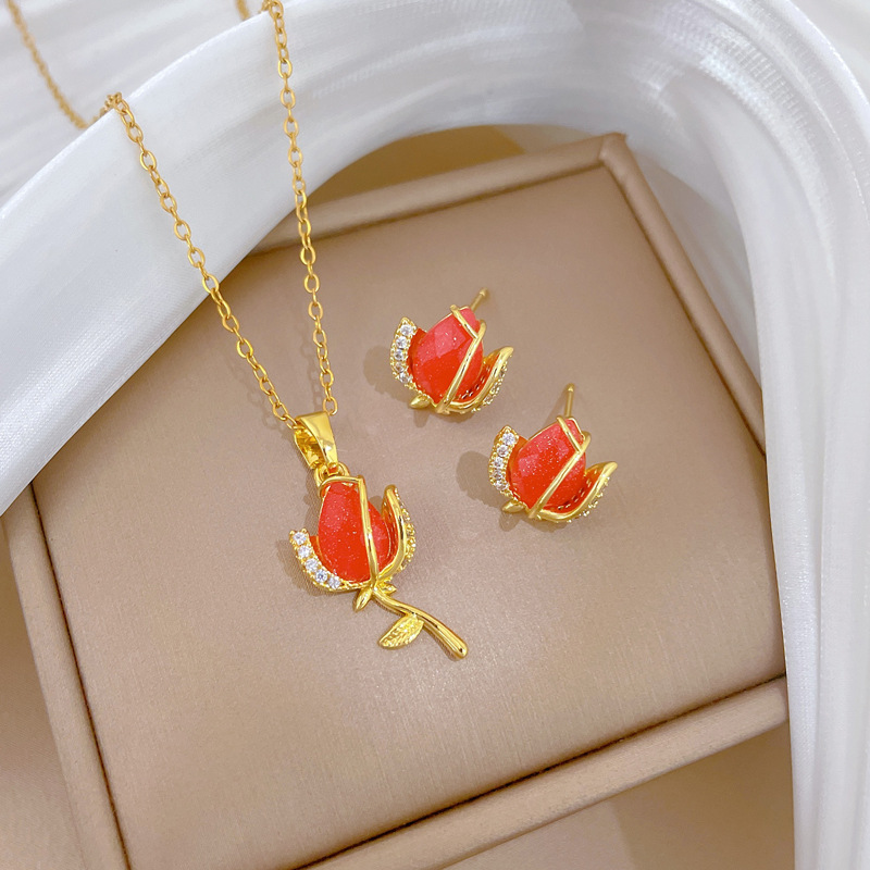Wunderschöne Rote Rosenhalskette Mit Strass Aus Edelstahl_voghion.com