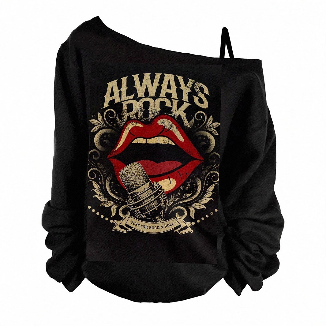 跨境亚马逊秋冬单肩带长袖时尚复古摇滚印花宽松休闲卫衣女上衣