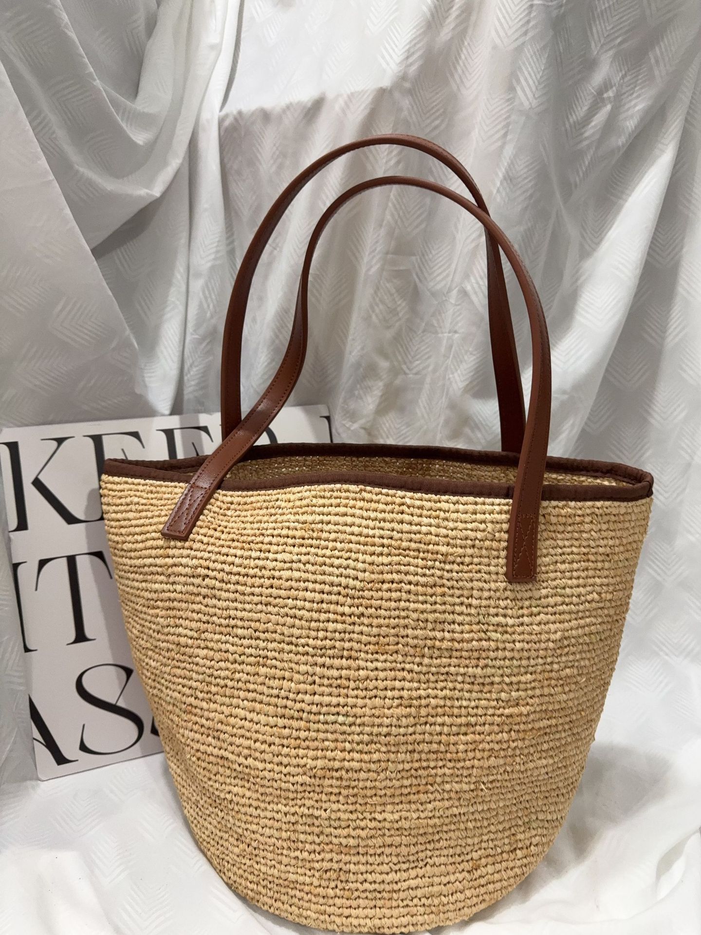 Japanese Style Raffia Minimalist Handmade Woven Straw Bag, Beach Vacation Tote, Women's Genuine Leather Handbag & Shoulder Bag - Thumbnail 7
