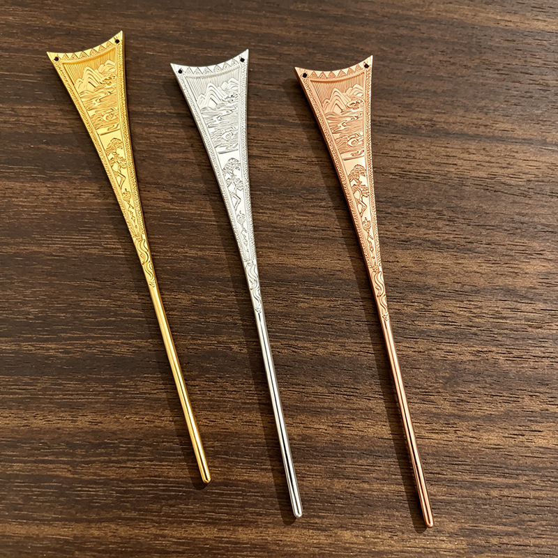 Ancient-style alloy hairpins with fan-shaped landscape patterns, DIY Hanfu hair accessories, color-preserving hair forks, wholesale