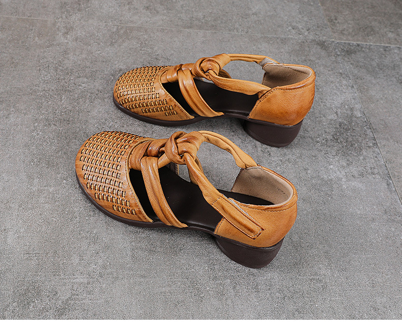Sandal nữ da bò thật phong cách La Mã cổ điển, đế mềm, quai đan hở thoáng khí — màu nâu chi tiết 15
