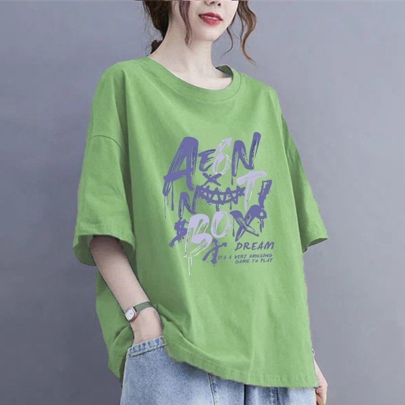 100kg 夏大きいサイズの純綿 Tシャツ半袖ルーズお腹カバーシャツアウターウェア痩身カバーフlesh ラウンドネックトップ女性用|undefined