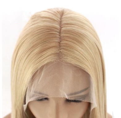 Oro claro largo recto frente de encaje fibra química peluca de seda de alta temperatura gancho de mano fábrica LW0127