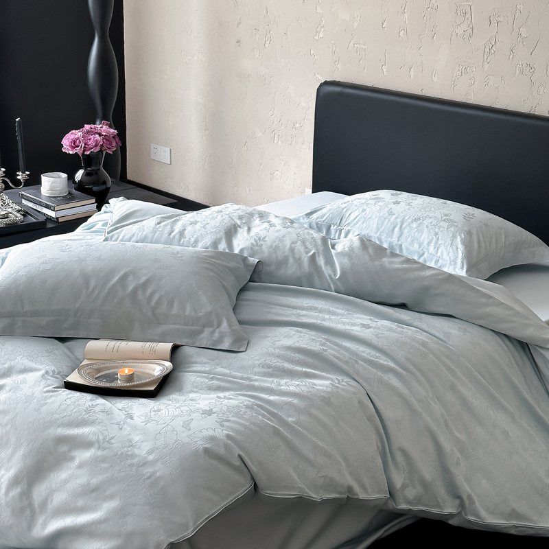 Juego de cama de cuatro piezas de algodón de fibra larga satinado 100S de alta gama, juego de cuatro piezas de algodón puro jacquard, funda nórdica, sábana ajustable